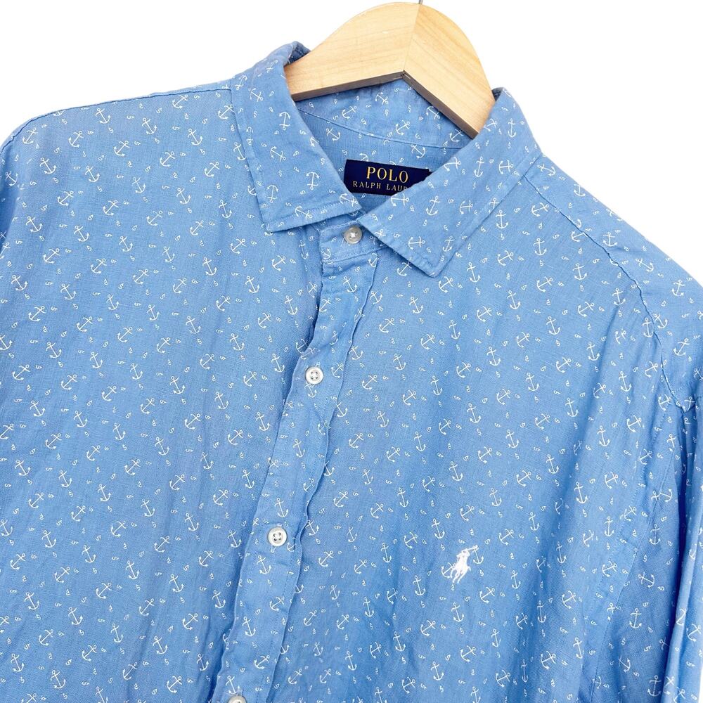 Polo Ralph Lauren Blue Linen Anchor Print Long Sleeve Button Down Sz XXL